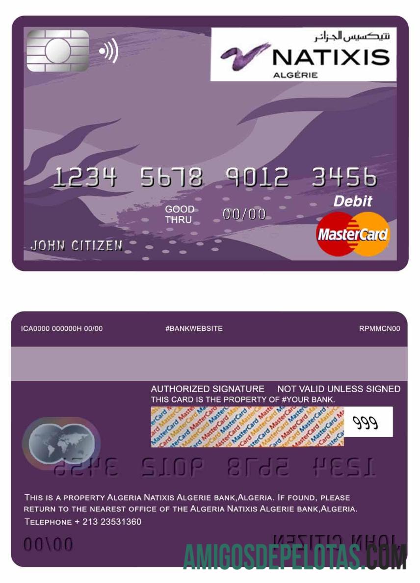 Cartão de débito mestre do Argélia Natixis Algerie Bank exemplo real